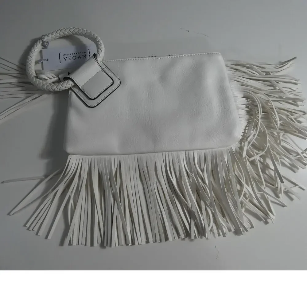 Calin Collection White Vegan Faux Leather Fringed Wristlet/Handbag Zipper NWT